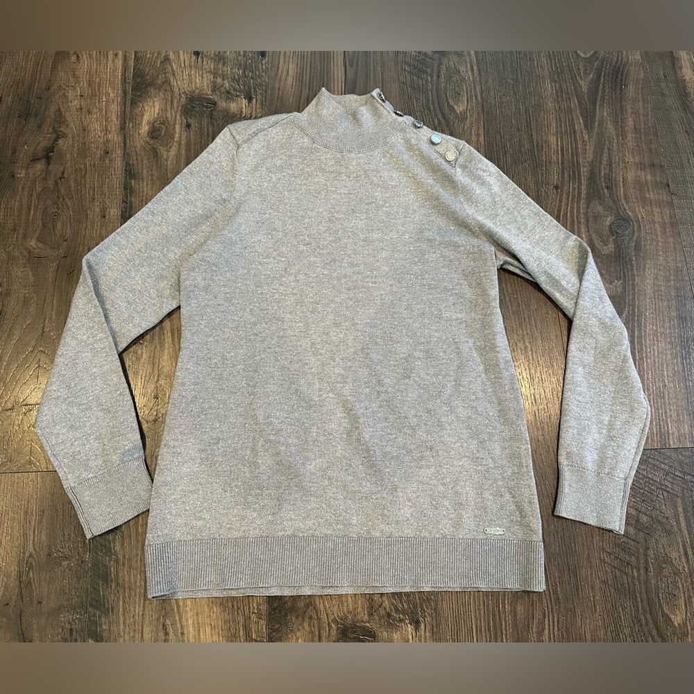 GUC Women's Calvin Klein Sweater Silver Metallic Button Mock Neck Long Sleeve S